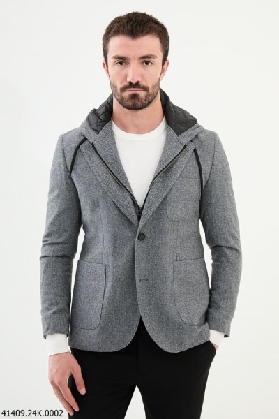 Men's Gray Slim Fit Hooded Blazer