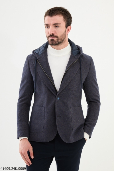 Men's Navy Blue Slim Fit Hooded Blazer