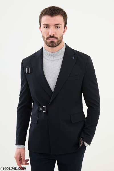 Navy Blue Slim Fit Double Breasted Men's Buckle Blazer