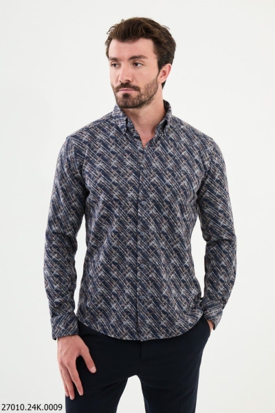 Navy Blue Slim Fit Patterned Wool Shirt