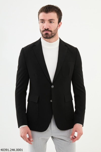 Black Slim Fit Notch Lapel Men's Wool Blazer