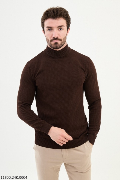 Mock Turtleneck Wool Sweater - Brown