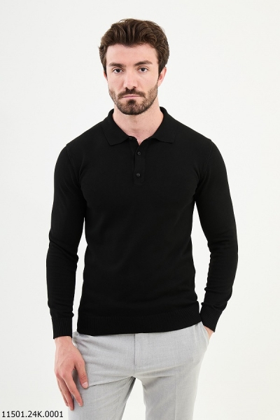 Black Knitted Wool Polo Sweater