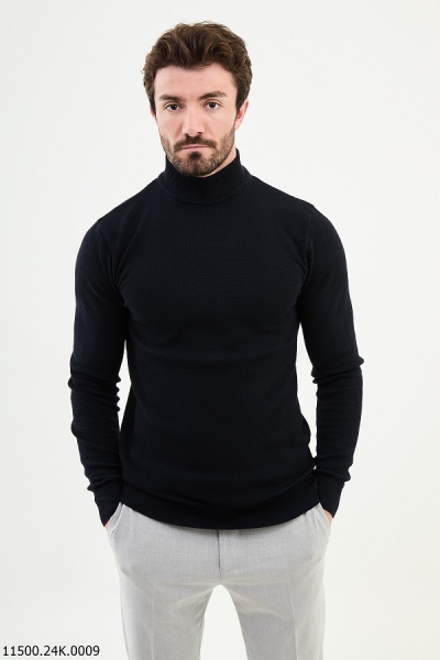 Mock Turtleneck Wool Sweater - Navy Blue