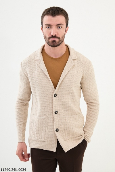 Beige Notch Collar Double Pocket Knit Cardigan