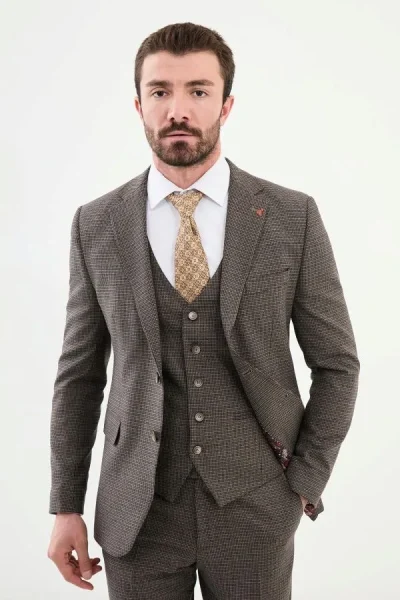 Brown Houndstooth Wool Wool Suit