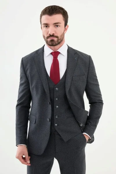 Navy Blue Houndstooth Wool Wool Suit