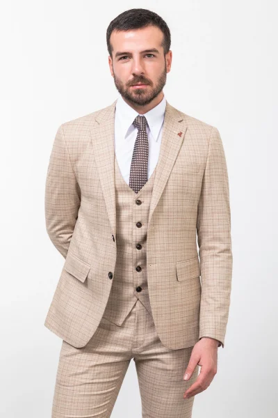 3 Piece Linen Check Suit - Beige