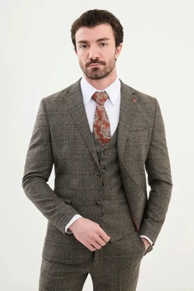 Beige Plaid Check Wool Suit