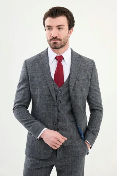 Navy Blue Plaid Wool Suit