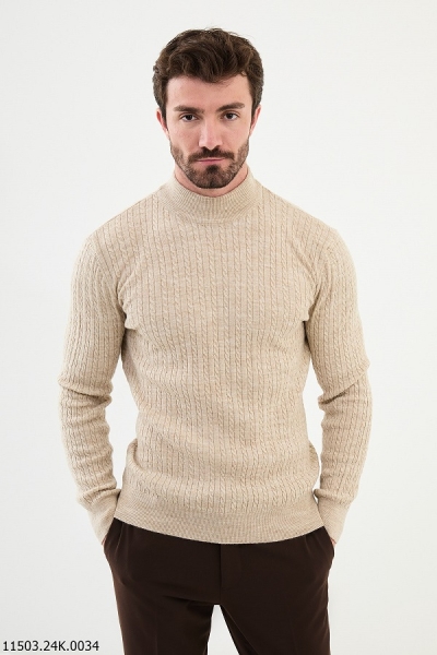 Beige Cable Knit Mock Turtleneck Wool Sweater