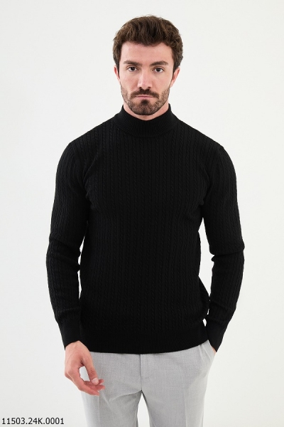 Black Cable Knit Mock Turtleneck Wool Sweater