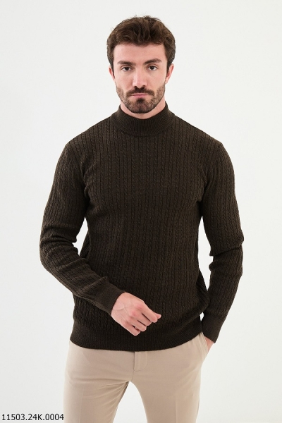 Brown Cable Knit Mock Turtleneck Wool Sweater