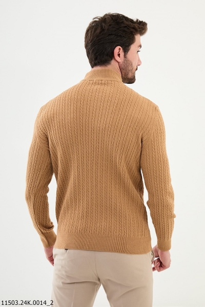 Camel Cable Knit Mock Turtleneck Wool Sweater