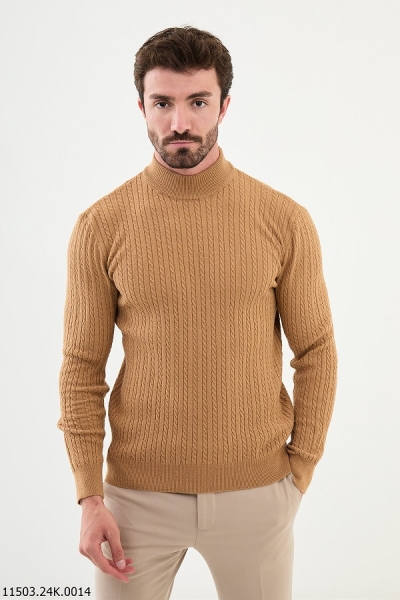 Camel Cable Knit Mock Turtleneck Wool Sweater