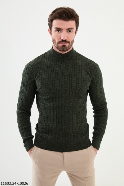 Khaki Cable Knit Mock Turtleneck Wool Sweater