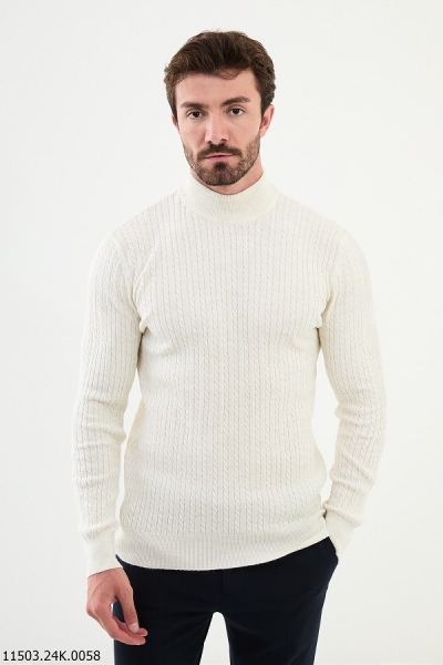 White Cable Knit Mock Turtleneck Wool Sweater