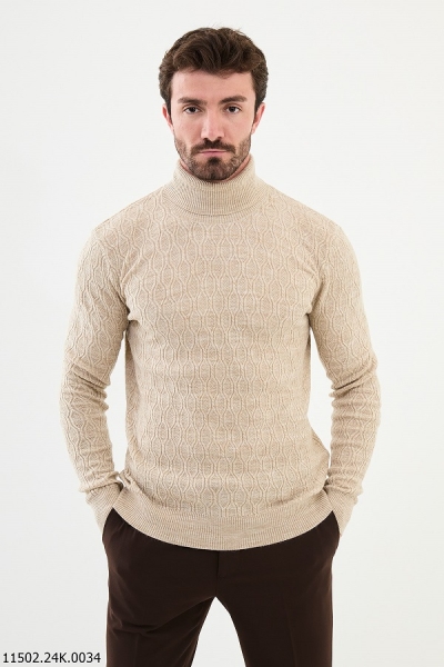 Beige Cable Pattern Turtleneck Wool Sweater