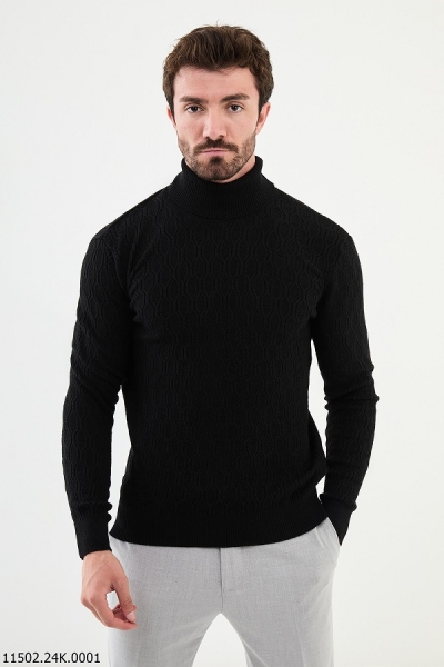 Black Cable Pattern Turtleneck Wool Sweater