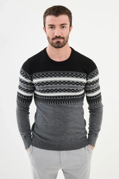 Anthracite Fair Isle Crew Neck Wool Sweater