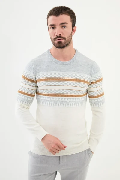 White Fair Isle Crew Neck Wool Sweater