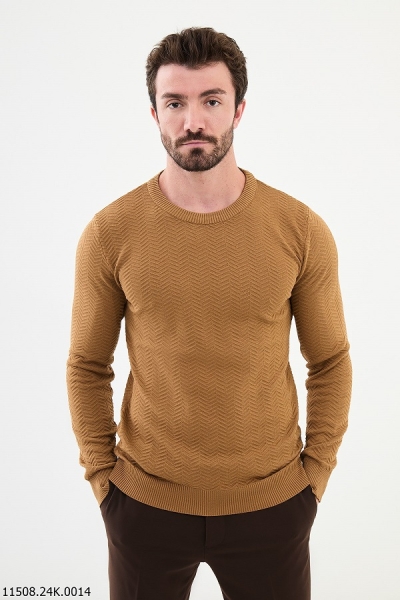 Camel Herringbone Crewneck Wool Sweater