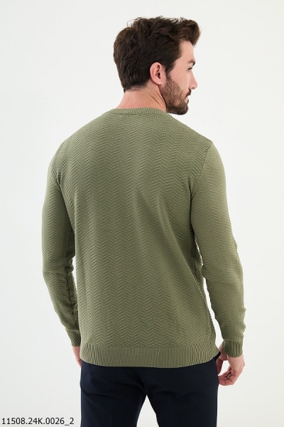 Khaki Herringbone Crewneck Wool Sweater