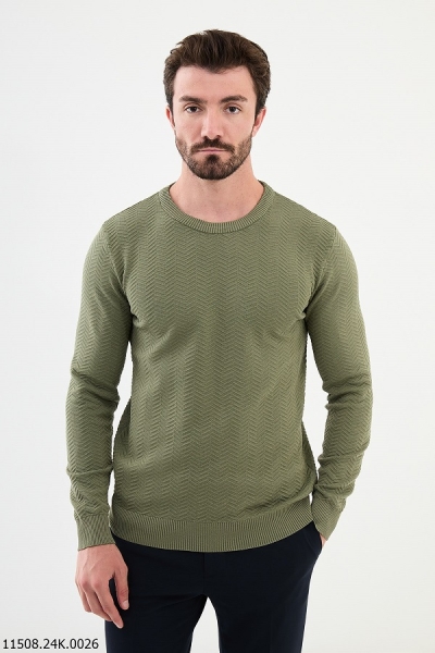 Khaki Herringbone Crewneck Wool Sweater