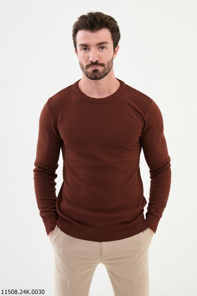 Rust Brown Herringbone Crewneck Wool Sweater