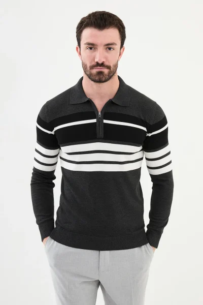 Horizontal Striped Zipper Polo Sweater - Anthracite