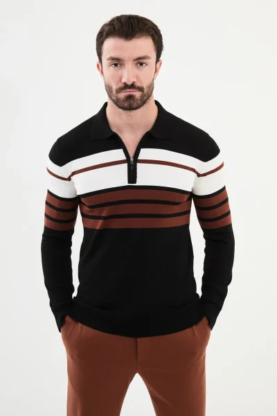 Horizontal Striped Zipper Polo Sweater - Black