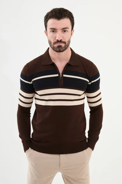 Horizontal Striped Zipper Polo Sweater - Brown