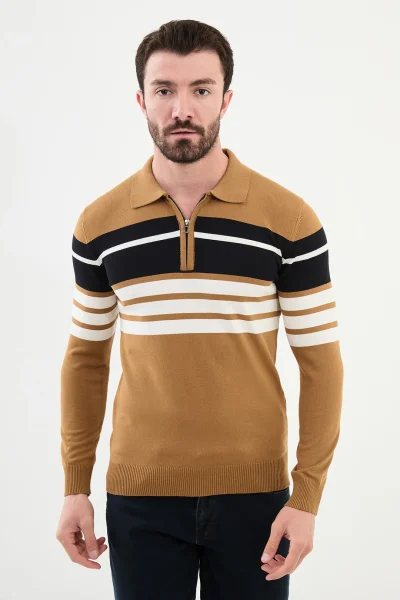 Horizontal Striped Zipper Polo Sweater - Camel