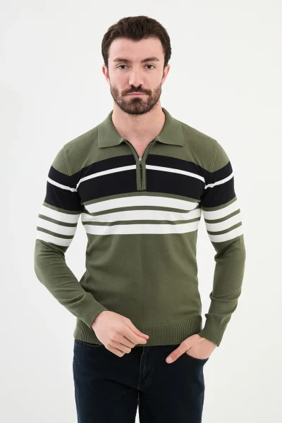 Horizontal Striped Zipper Polo Sweater - Khaki