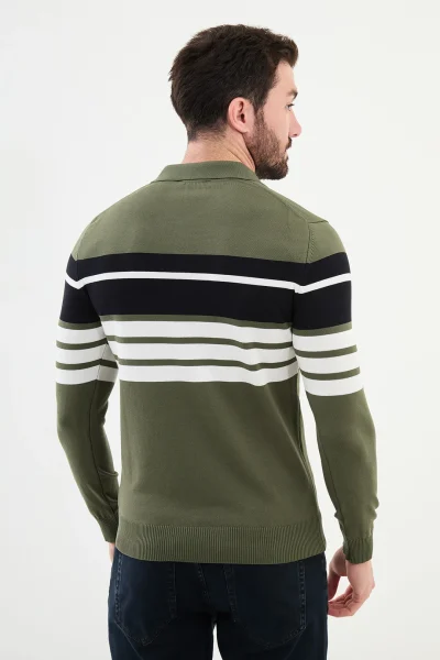 Horizontal Striped Zipper Polo Sweater - Khaki