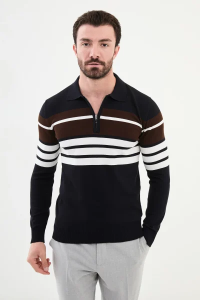 Horizontal Striped Zipper Polo Sweater - Navy Blue