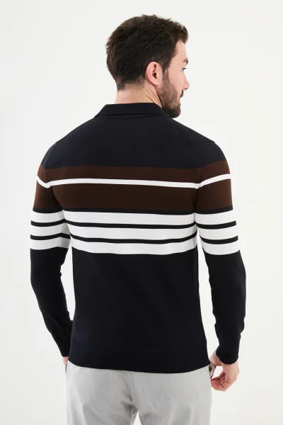 Horizontal Striped Zipper Polo Sweater - Navy Blue