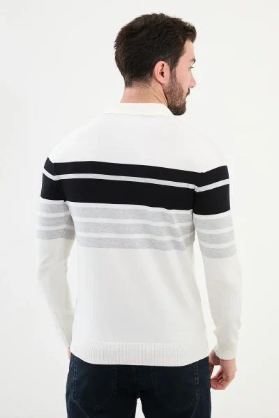 Horizontal Striped Zipper Polo Sweater - White