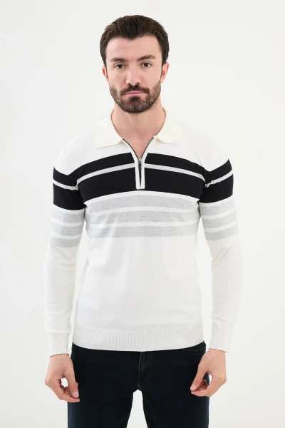 Horizontal Striped Zipper Polo Sweater - White