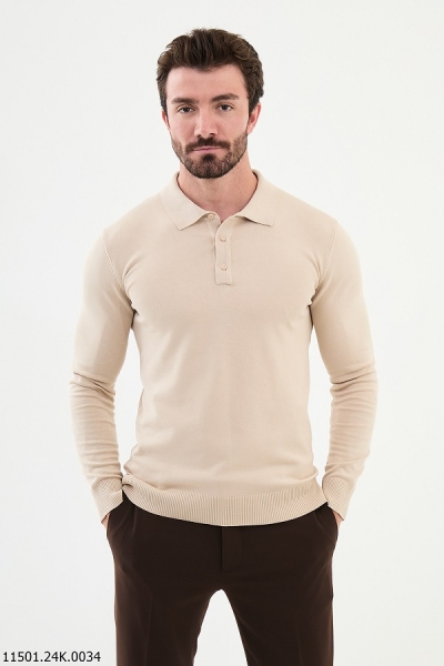 Beige Knitted Wool Polo Sweater