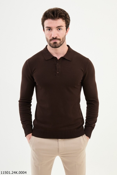 Brown Knitted Wool Polo Sweater