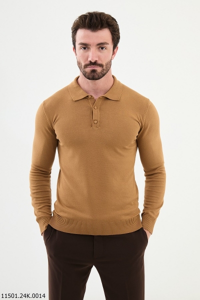 Camel Knitted Wool Polo Sweater