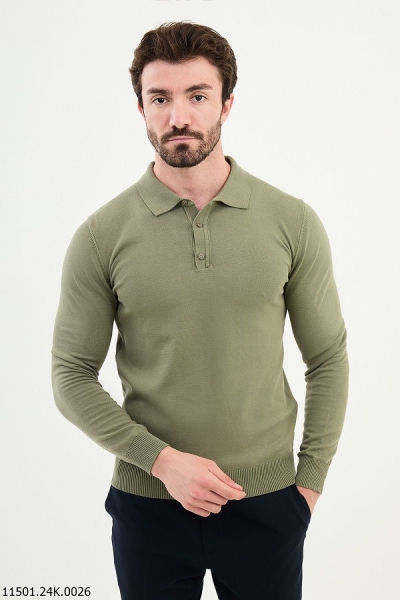 Khaki Knitted Wool Polo Sweater