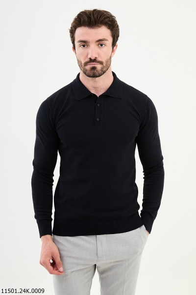 Navy Blue Knitted Wool Polo Sweater