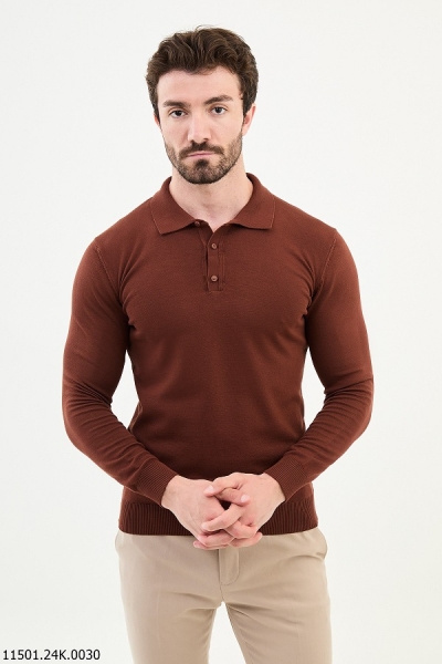 Rust Brown Knitted Wool Polo Sweater