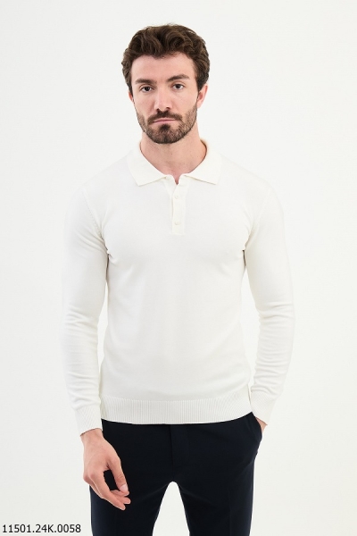 White Knitted Wool Polo Sweater