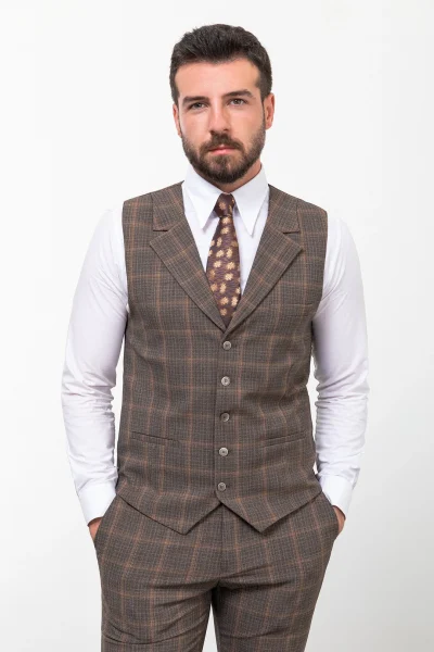 Men’s Slim Fit Plaid Wool Vest - Camel