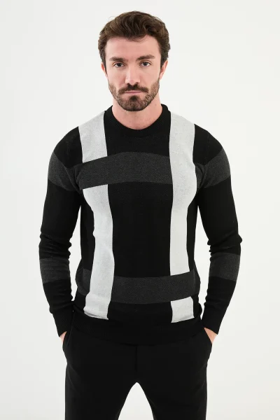 Black Plaid Wool Sweater for Men