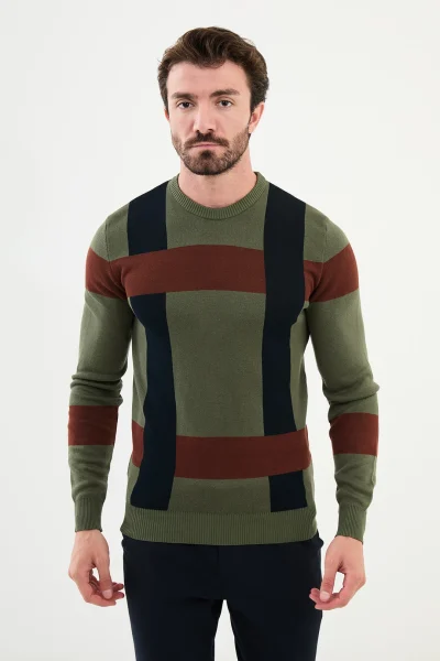 Khaki Plaid Wool Sweater for Men