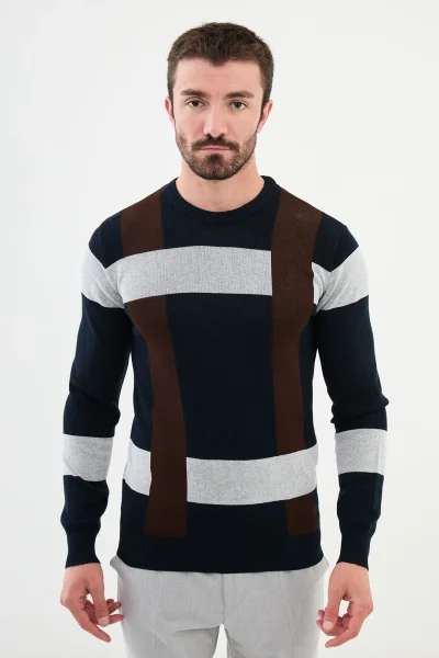 Navy Blue Plaid Wool Sweater for Men